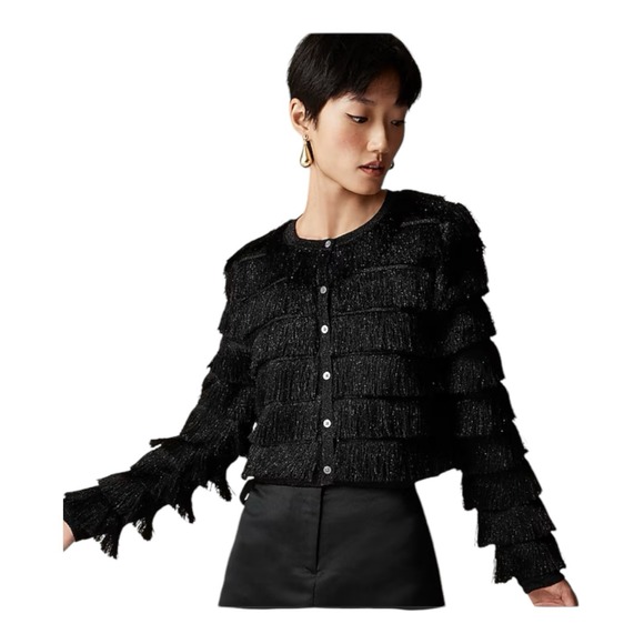 J crew Fringe‎ cardigan in metallic yarn Womens Large Black Metallic - Picture 2 of 11
